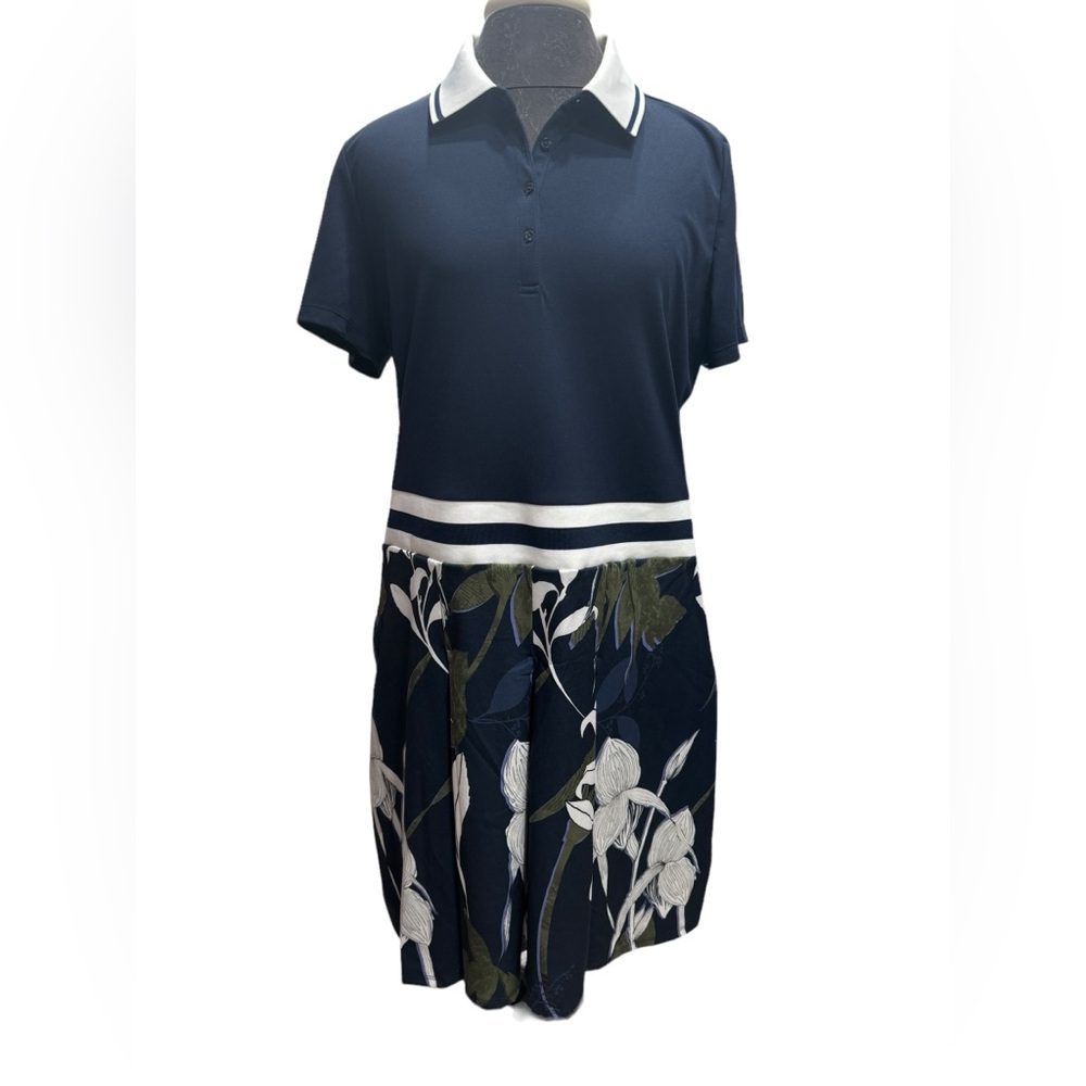 Lady Hagen Navy Polo Midi Dress with White Trim and Green Floral Skirt - Picture 4 of 12